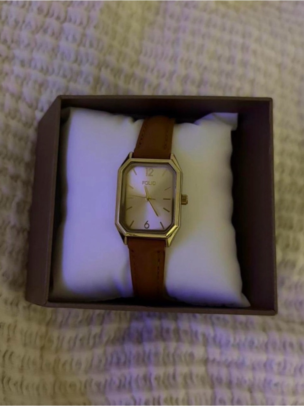 Gold-Tone Rectangular Watch with Brown Leather Strap